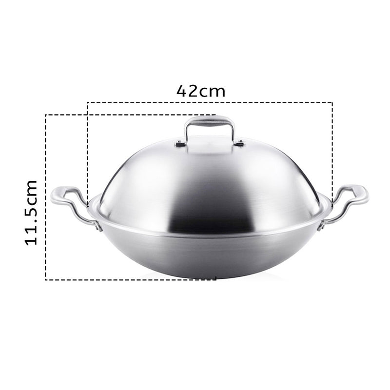 2X 42cm 18/10 Stainless Steel 3 Ply Wok Double Handle With Lid Induction