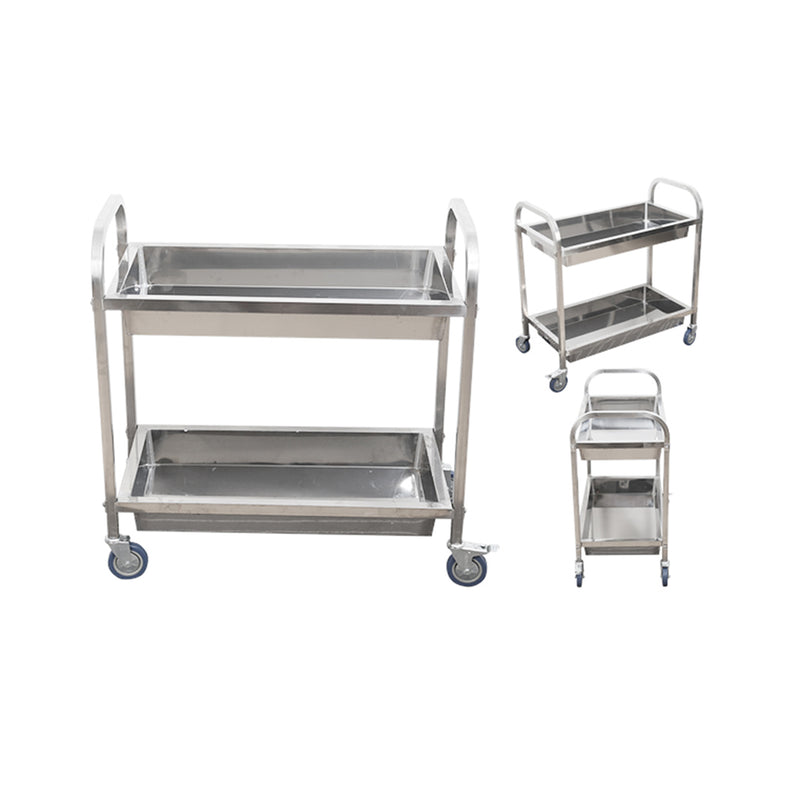 2X 2 Tier 18/10 Stainless Steel Kitchen Trolley 85x45x90cm Locking Wheels