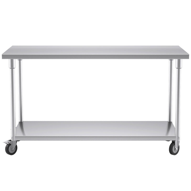 150cm Stainless Steel Prep Workbench Adjustable Shelf 200kg Locking Castors