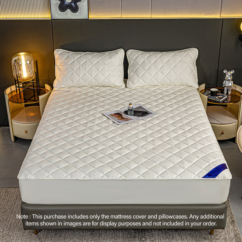 2X Polyester Stretch Quilted Mattress Protector 203x183x40cm White Pillow Covers
