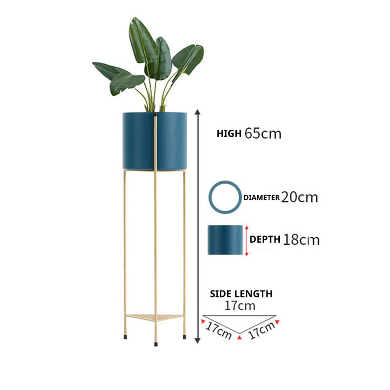 4X 2 Tier 65cm Gold Metal Plant Stands With Blue Enamel Pots Corner Rack