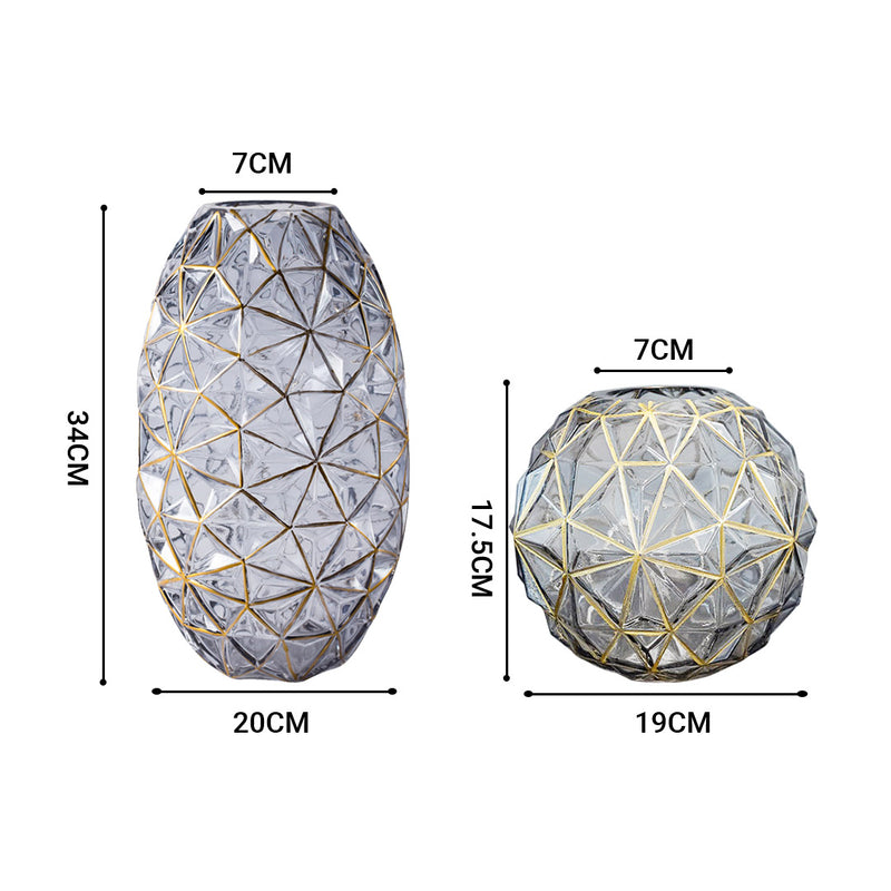 2X Grey Glass Flower Vases Set Large 20cm Medium 17.5cm Gold Accent
