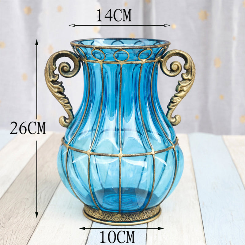 Blue Glass Vase Gold Metal Trim 10x14x26cm 8 Bunch 3 Heads Pink Silk Hibiscus
