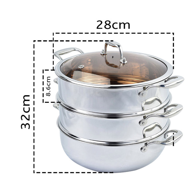 3 Tier 28cm 18/10 Stainless Steel Heavy Stackable Food Steamer With Glass Lid
