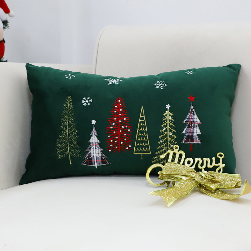 2X Green Embroidered Christmas Forest Throw Pillow 30cm Lumbar Holiday Decor