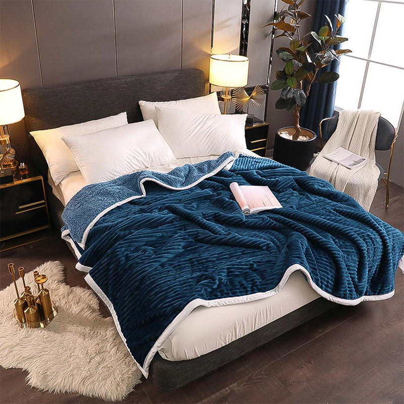 2X Thick Flannel Polyester Throw Blanket 200x230cm Double Sided Dark Blue