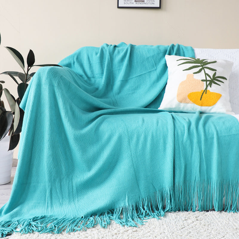 Teal Acrylic Knitted Throw Blanket Solid Fringed 130x220cm Cozy Home Decor