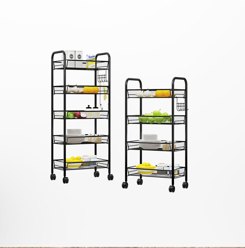 2X 4 Tier Steel Mesh Kitchen Cart Black with Wheels Portable Storage Shelves