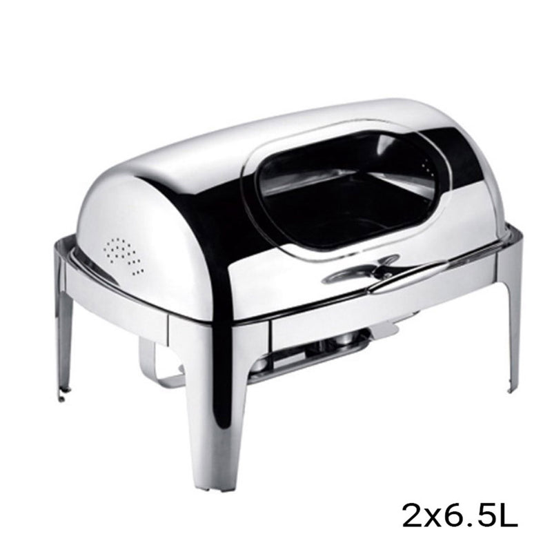 2X 6.5L Stainless Steel Roll Top Soup Tureen Chafer Window Lid