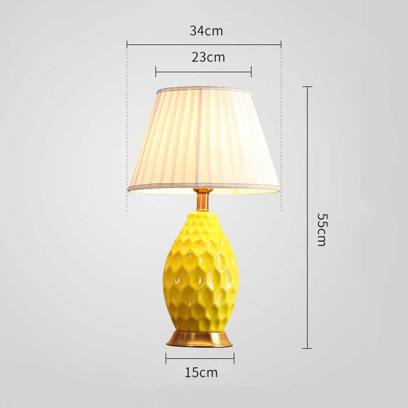 Textured Ceramic Oval Table Lamp Gold Metal Base Yellow Drum Shade 55cm