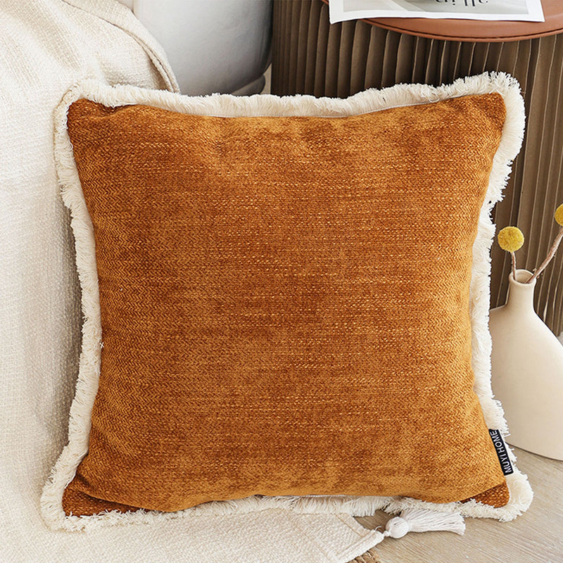 45cm Square Plush Velvet Chenille Tassel Throw Pillow Sunset Orange