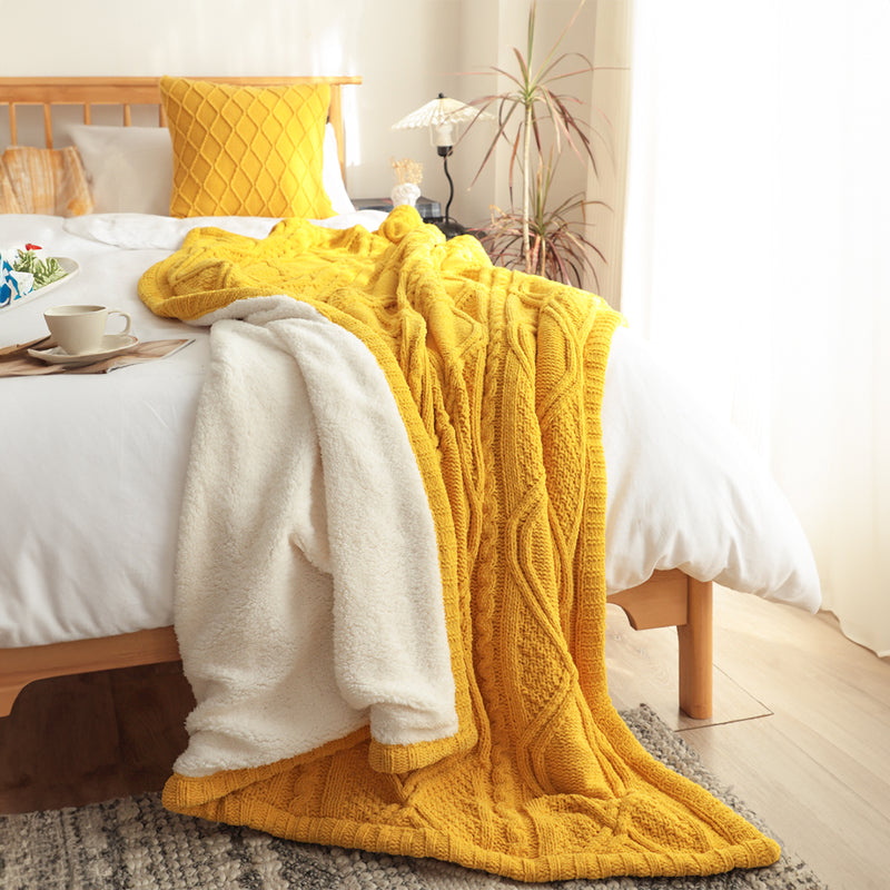 Knitted Chenille Fleece Throw Blanket 200x230cm Reversible Suede Yellow White