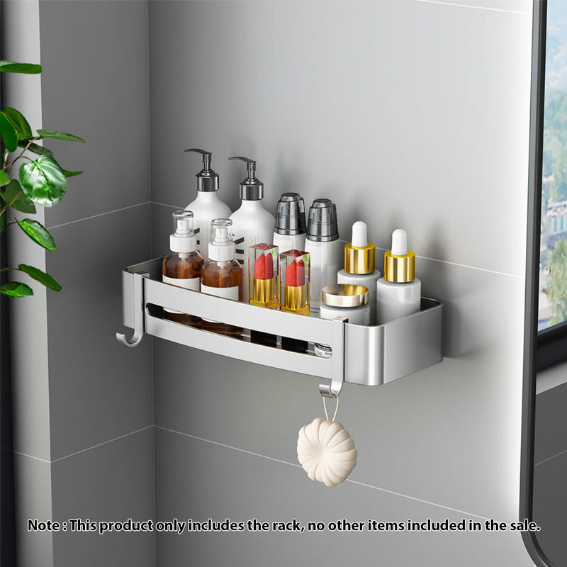 2X Silver Aluminum Wall Mounted Bathroom Shelf Rack With Hooks 33x15x6cm