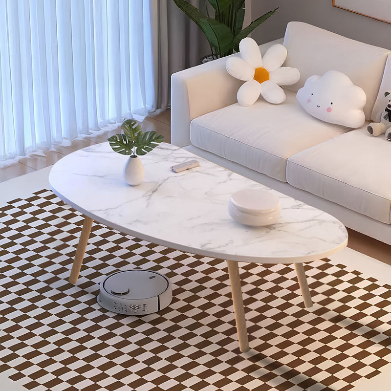 White Stone Pattern Coffee Table 80x40cm Wood Legs Nordic Modern