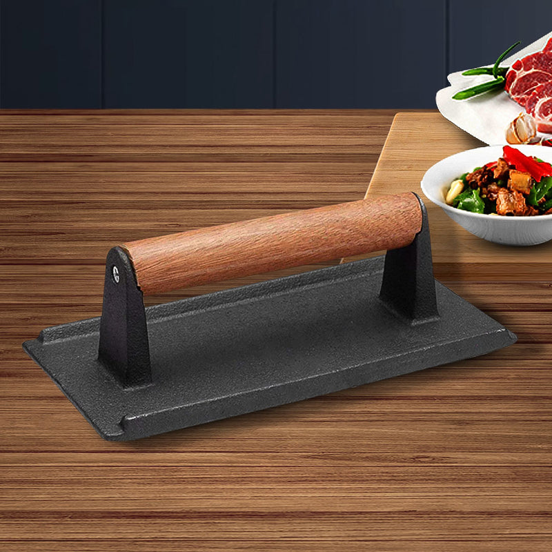 Cast Iron Meat Bacon Steak Press Grill BBQ Wood Handle Non-Stick 20cm 0.9kg