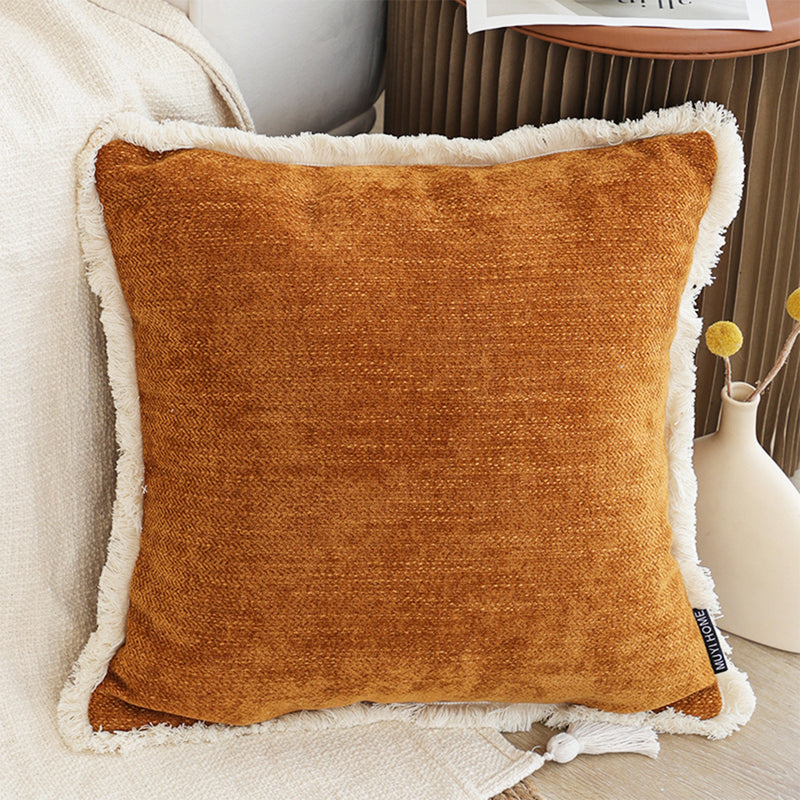 Sunset Orange Chenille Throw Pillow 45cm Textured with Tassels Cozy Home Decor