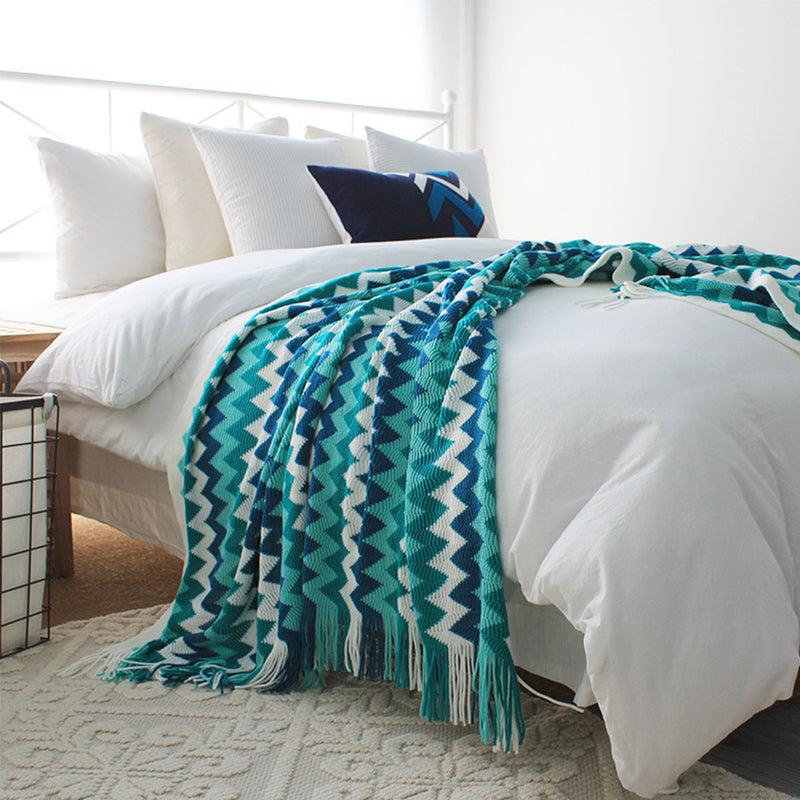 170cm Blue Zigzag Throw Blanket Acrylic Wave Knitted Fringed Sofa Cover Decor