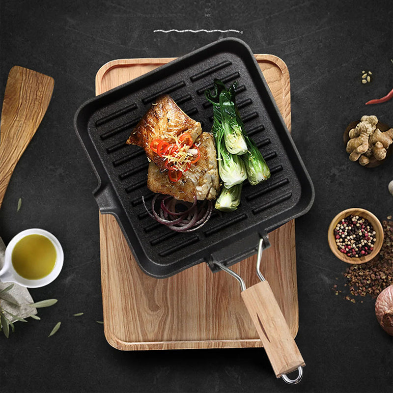 Cast Iron Square Grill Pan 24cm Ribbed Steak Skillet Folding Wooden Handle