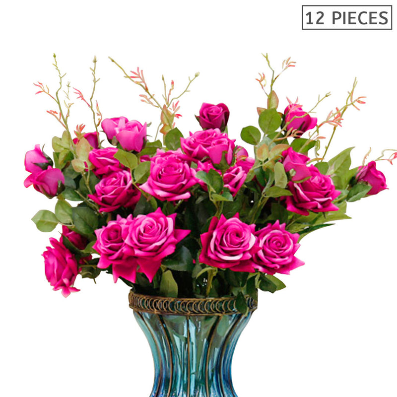 12pcs Artificial Silk Rose Bouquet 85cm Real Touch Dark Pink Table Decor