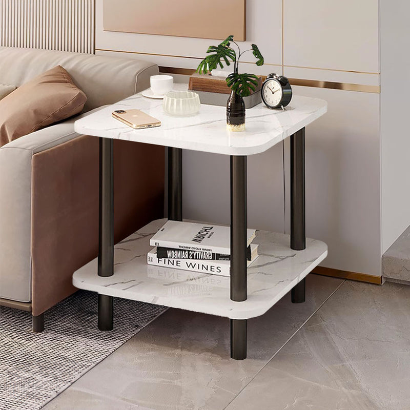 2X White Ceramic Side Table 70x70x53cm Stone Pattern Black Metal Legs