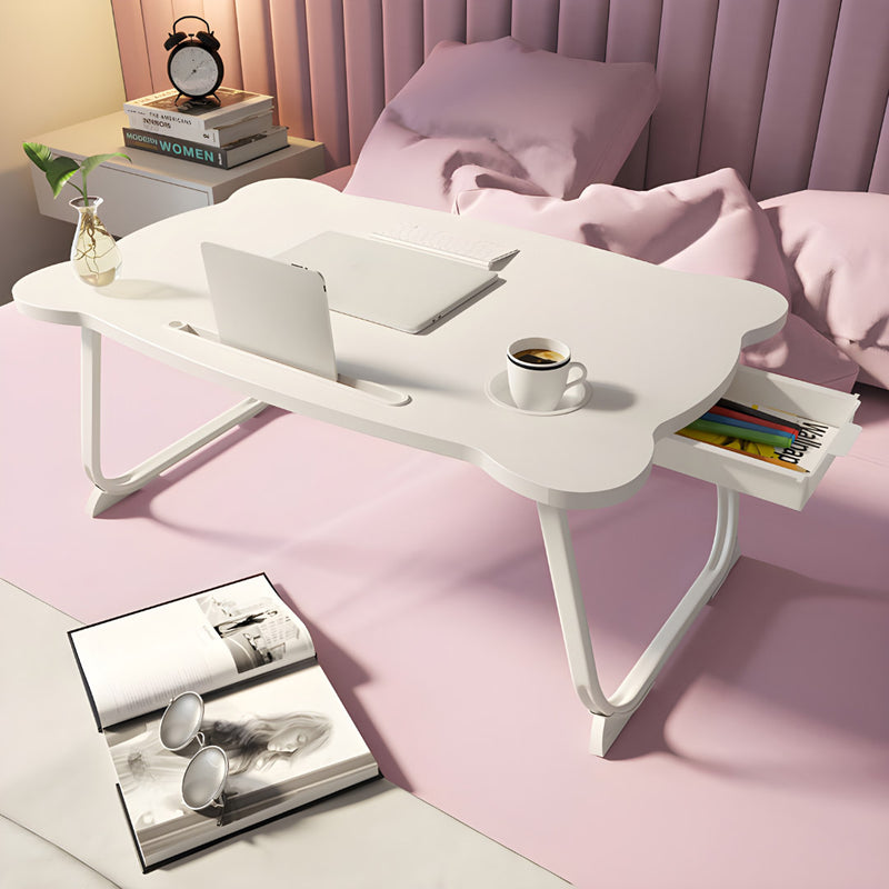 White Portable Bed Desk Adjustable Folding with Drawer and Cup Holder 60x48x28cm
