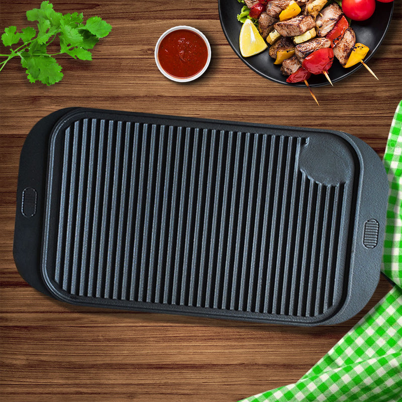 2X 47cm Cast Iron Ridged Grill Pan Reversible Nonstick BBQ Griddle