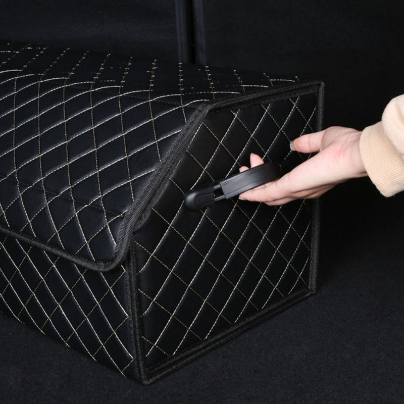 Leather Car Trunk Organizer Medium Portable Foldable Black White Stitch Box