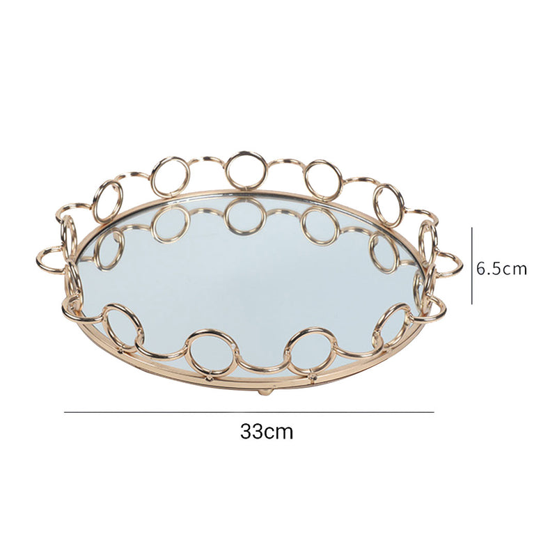 33cm Bronze Round Vanity Tray Glass Mirror Metal Wireframe Handles