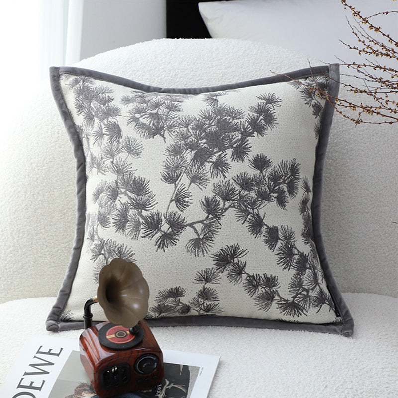 Off White Polyester Throw Pillow 45cm Square Wide Border Branch Pine Needle