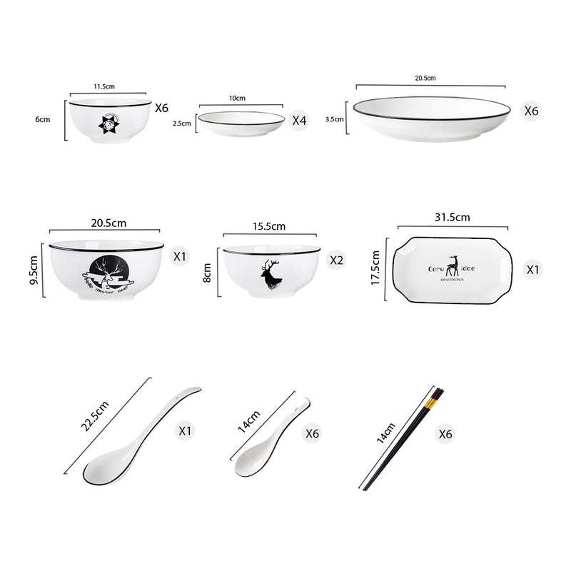 Ceramic Dinnerware White Antler Print Bowls Plates Soup Spoons Set of 20