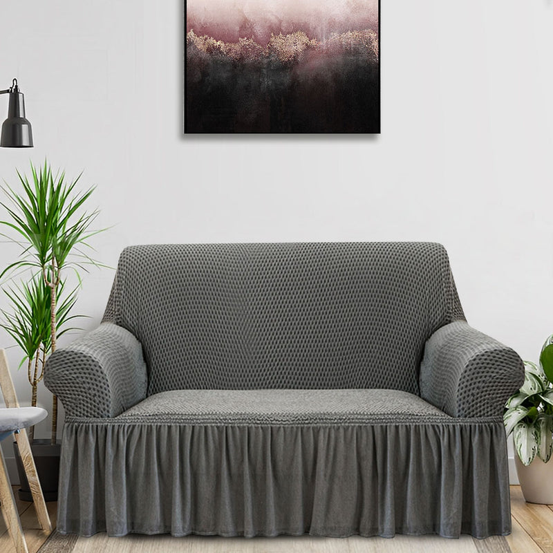 2 Seater Grey Sofa Cover Ruffled Skirt Stretchy Couch Protector Slipcover