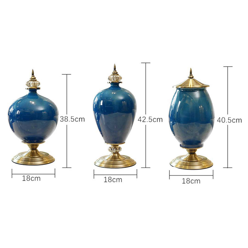 3X Ceramic Oval Vases Set With Flowers Dark Blue 18cm Dia 38.5 40.5 42.5cm
