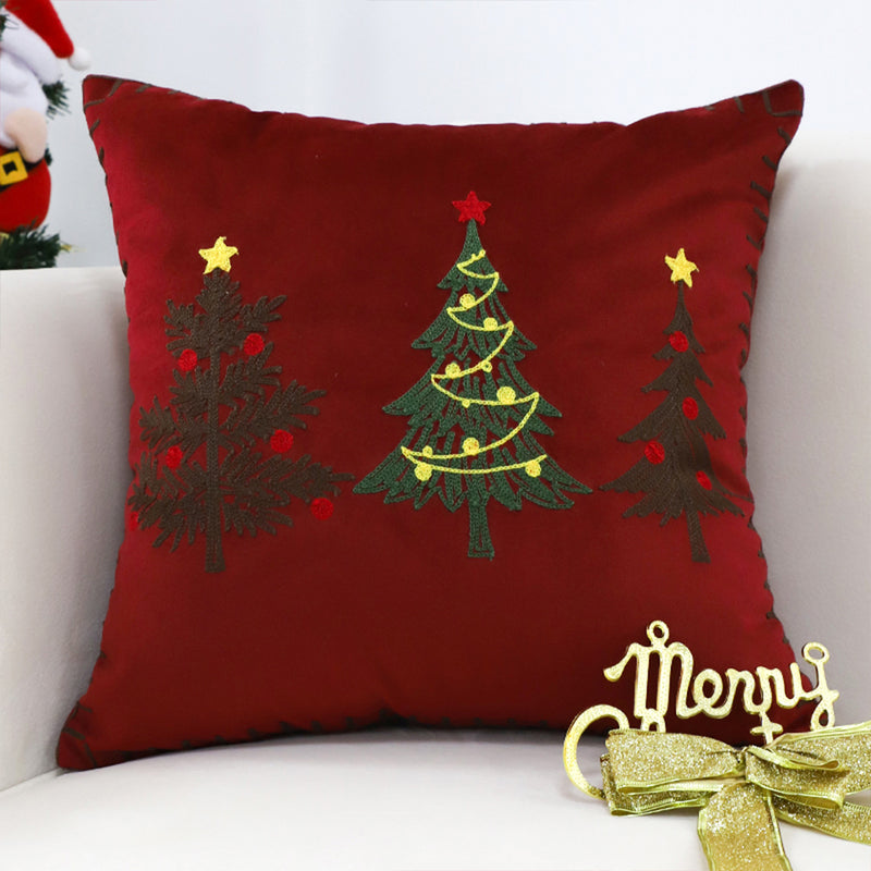 2X Burgundy Red Plush Square Throw Pillow 45cm Embroidered Christmas Trees