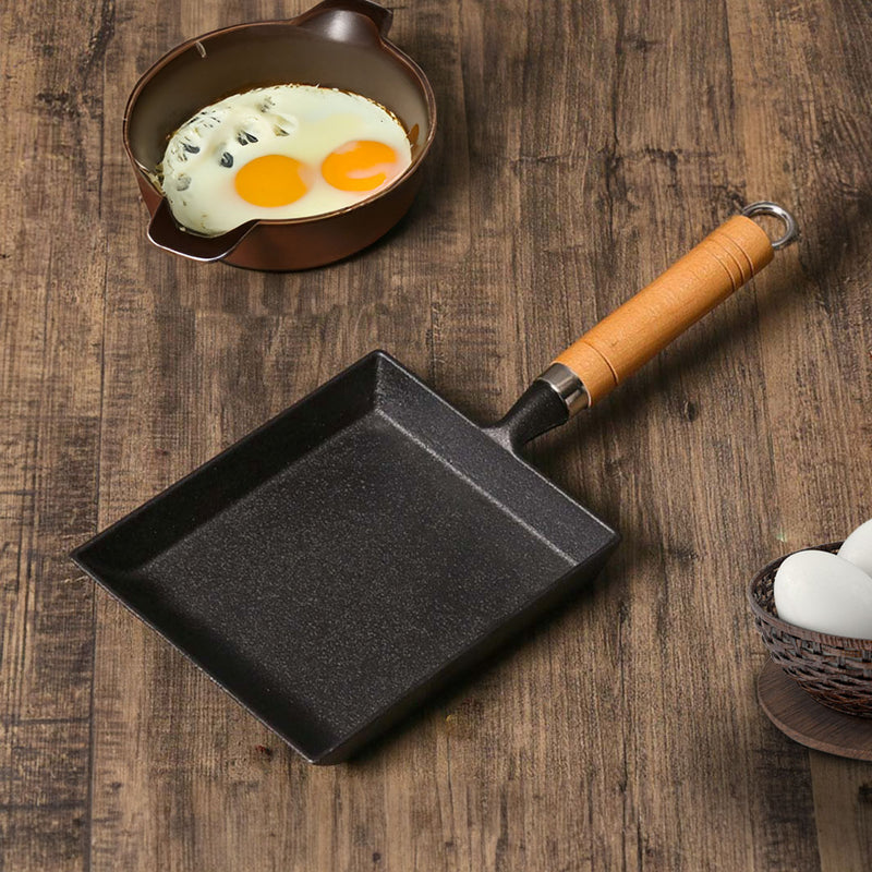 Cast Iron Tamagoyaki Omelette Fry Pan Non-Stick Skillet With Wooden Handle