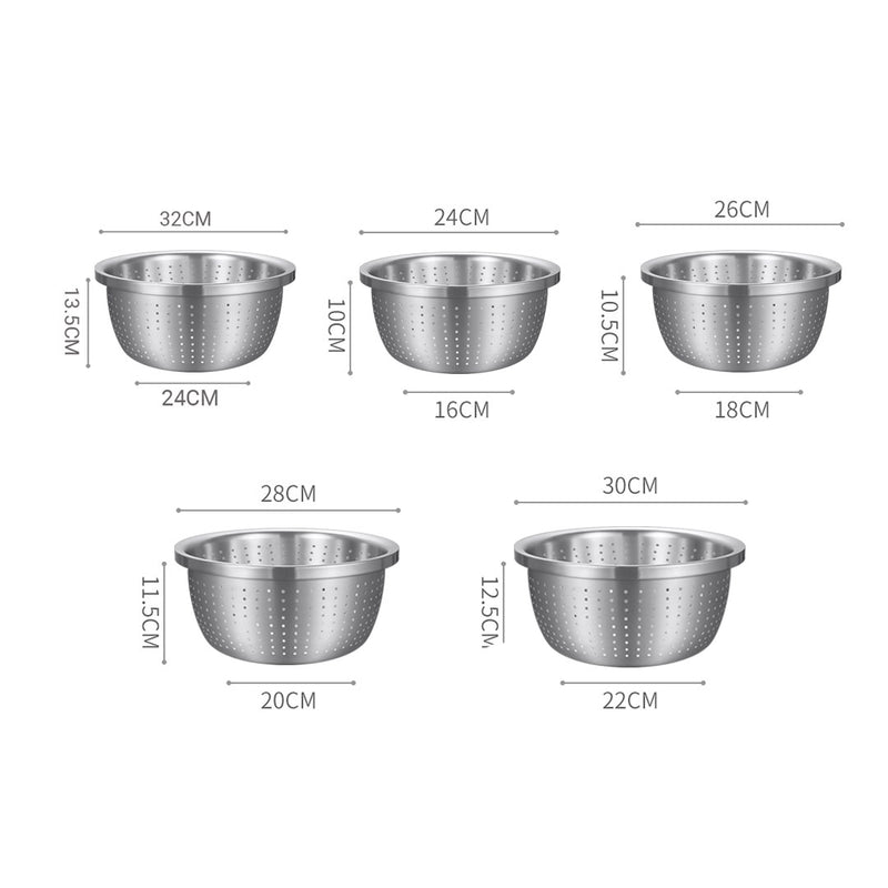 18/10 Stainless Steel Nesting Colander Bowls Set of 5 24 26 28 30 32cm Silver