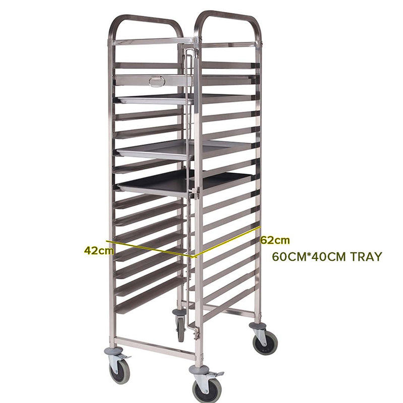 16 Tier Stainless Steel Tray Trolley 16 Aluminum Pans 60x40x5cm Lockable Castors