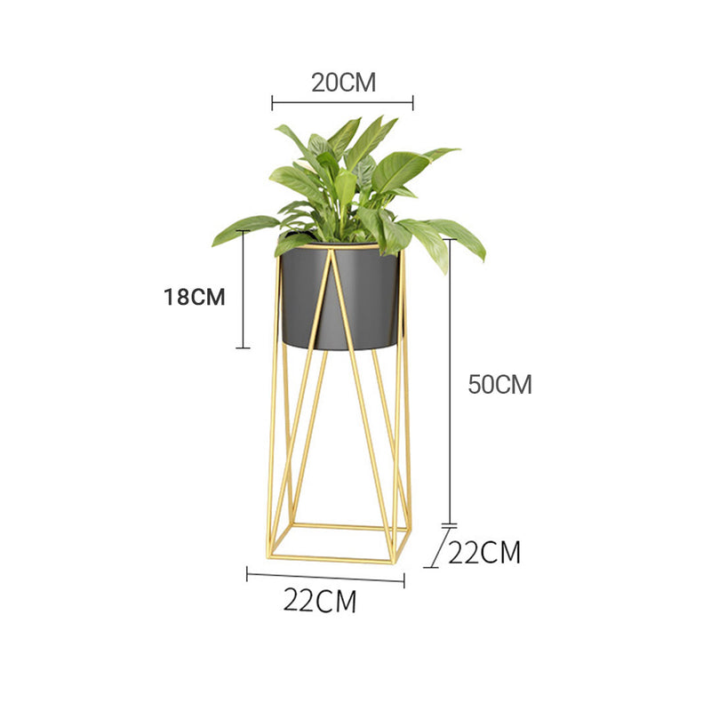 2X 50cm Gold Metal Corner Plant Stands With Black Enamel Pots 18cm X 20cm