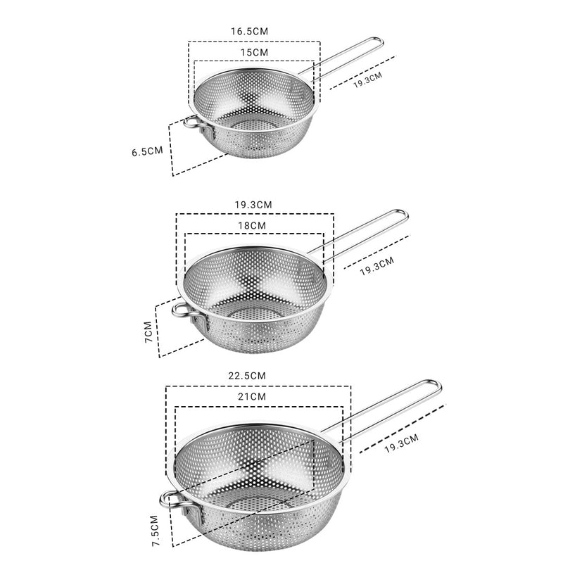 Stainless Steel Fine Mesh Colander Set 16.5cm 19.5cm 22.5cm Long Handle
