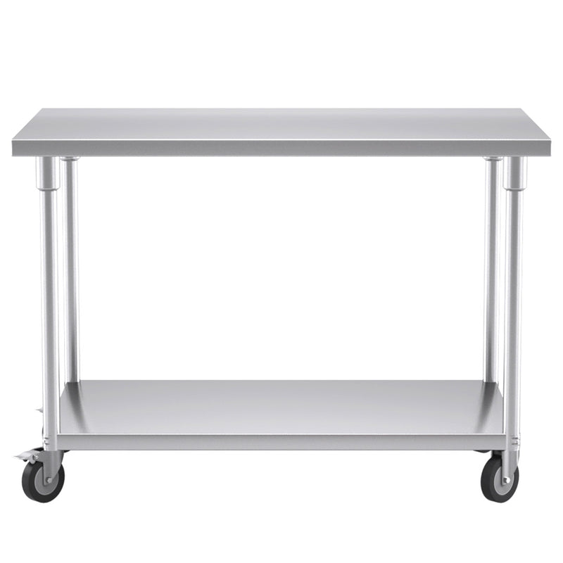 Stainless Steel Catering Workbench 120cm with Wheels and Storage Shelf
