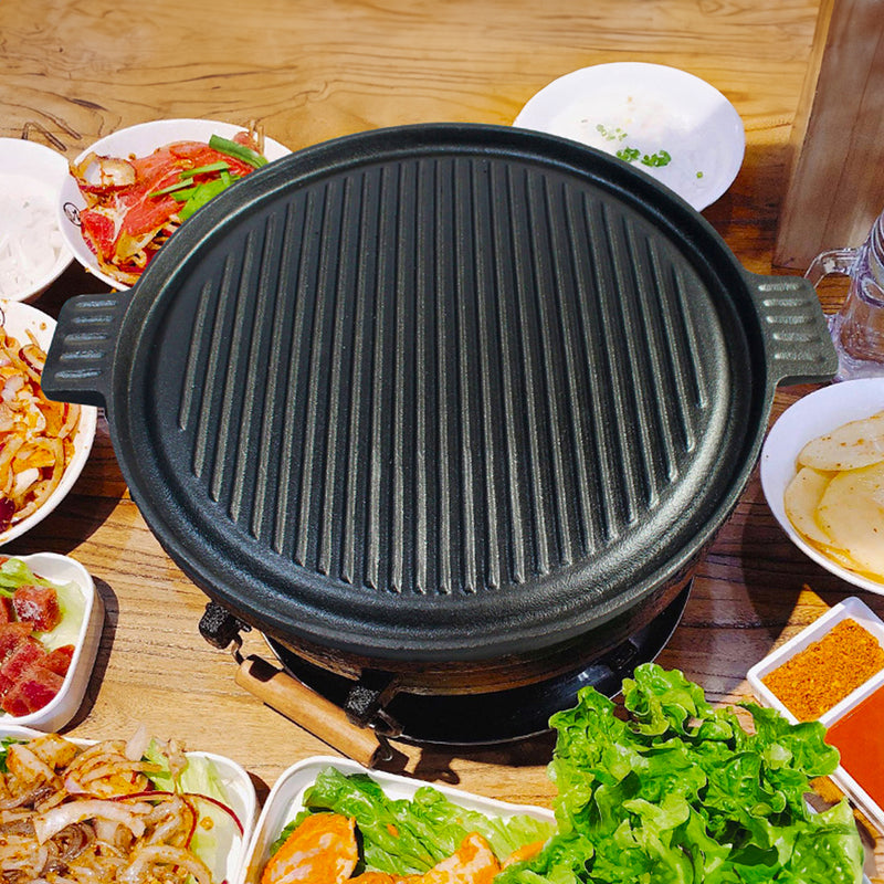43cm Round Ribbed Cast Iron Frying Pan Skillet Sizzle Platter With Handle