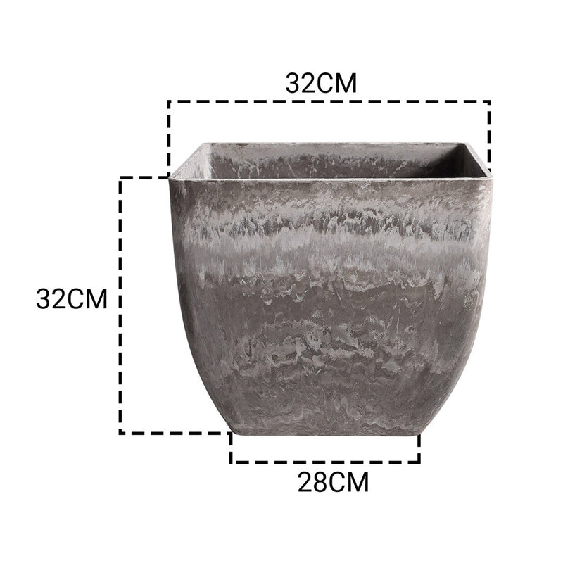 2X 32cm Square Polypropylene Resin Planter Rock Grey Concrete Look Indoor