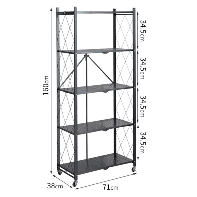 5 Tier Carbon Steel Black Foldable Kitchen Cart With Wheels Storage Shelves