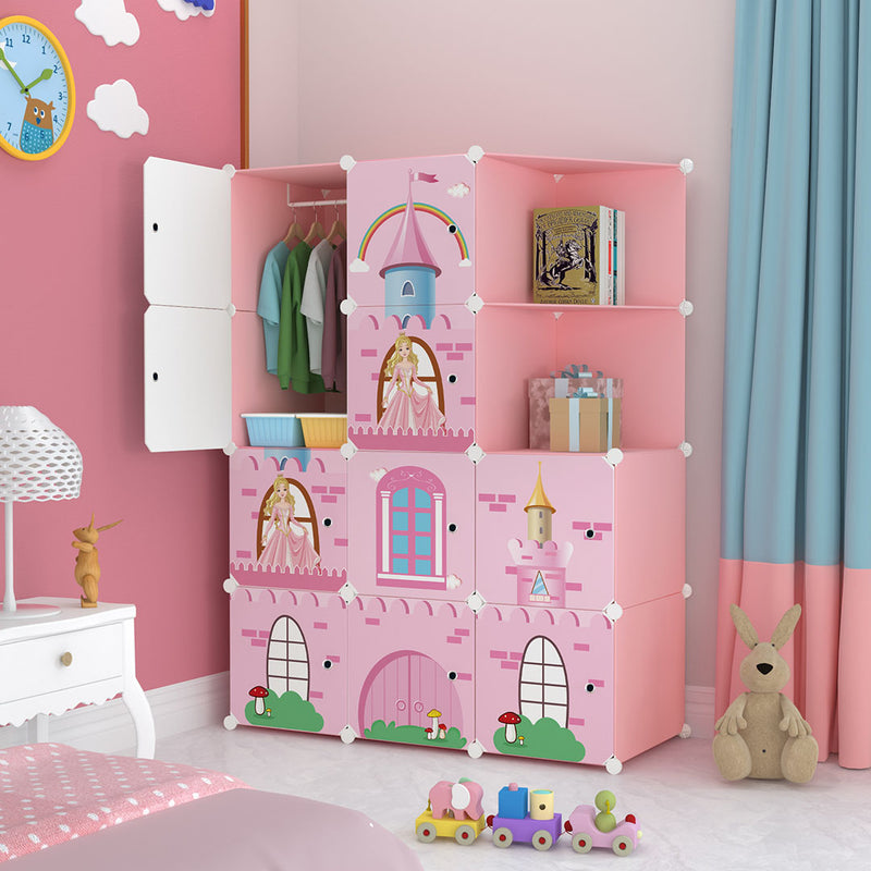 10 Cubes Portable Wardrobe Pink Castle Print Polypropylene 110.5x37x146cm Modular