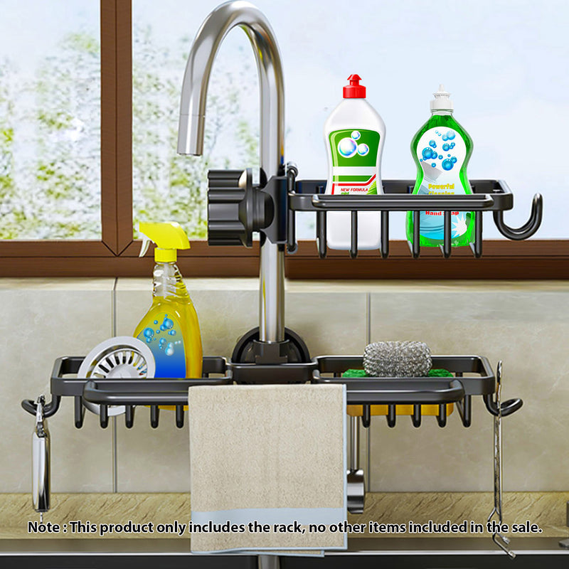 Black Aluminum Faucet Sink Caddy Rack 37.5x16x6.8cm Sponge Soap Holder