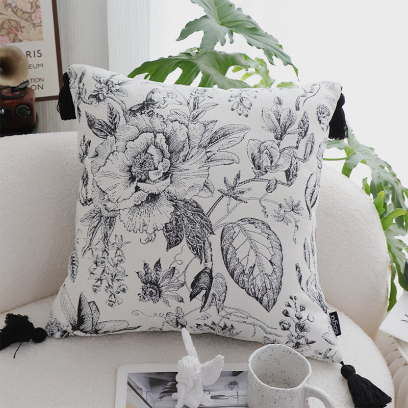 2X Throw Pillow Polyester Cotton 50x50x18cm Floral Print Tassel Black And White