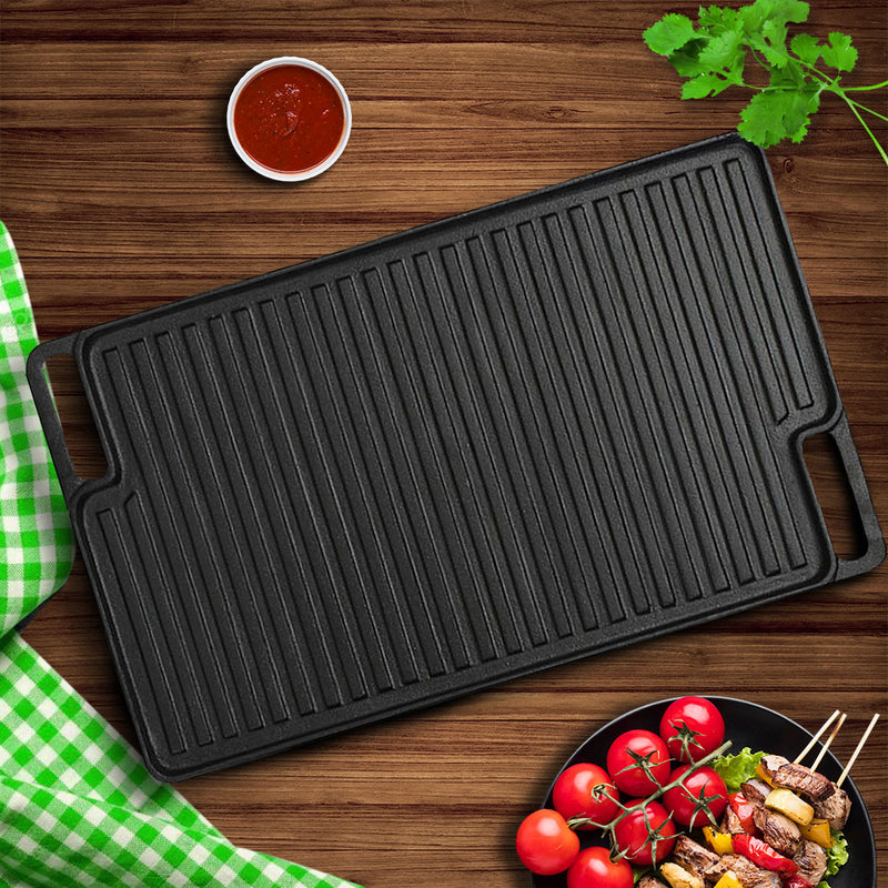 2X 45cm Rectangular Cast Iron Griddle Pan Pre Seasoned Black With Handle