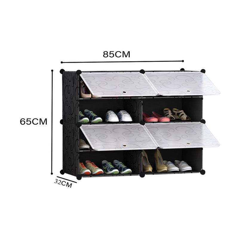 4 Tier 2 Column Shoe Rack Organizer PP Stackable 85cm Black Translucent Cover