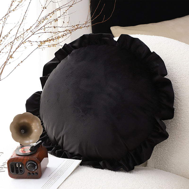 Round Velvet Throw Pillow 45cm 15cm Thick Plush Lotus Leaf Edge Black