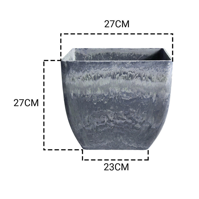 27cm Weathered Grey Square Resin Tapered Planter Concrete Look Cachepot Indoor