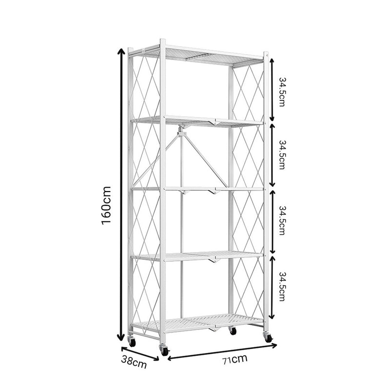 5 Tier Carbon Steel Foldable Kitchen Cart White Locking Wheels 20Kg Per Shelf